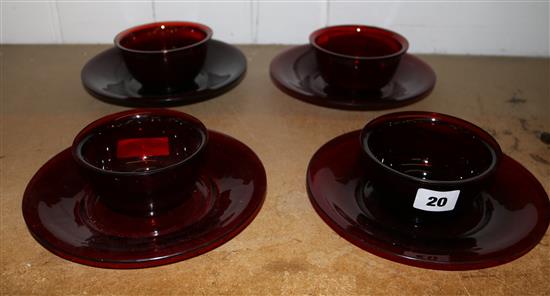 4 Peking red glass bowls and plates